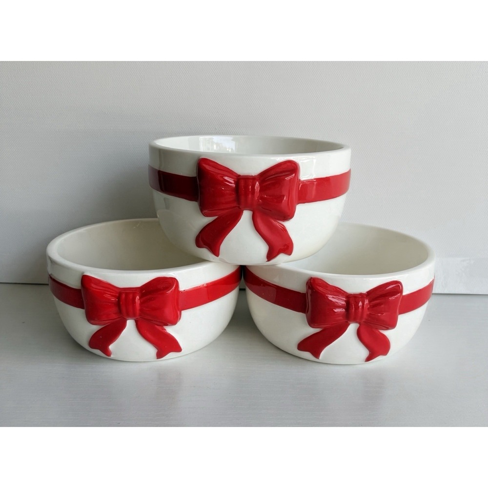 Set Of 3 Christmas Ramekins 4in Red Bow Ceramic Oven Safe Baking Dish New